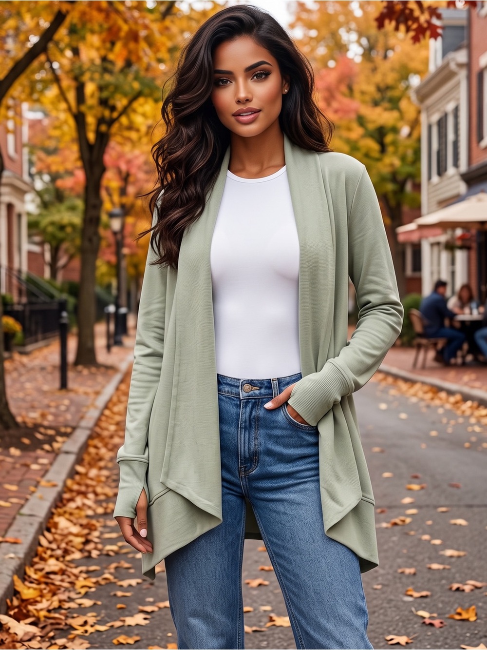 B818. Stylish Soft Sage Green Draped Open-Front Cardigan